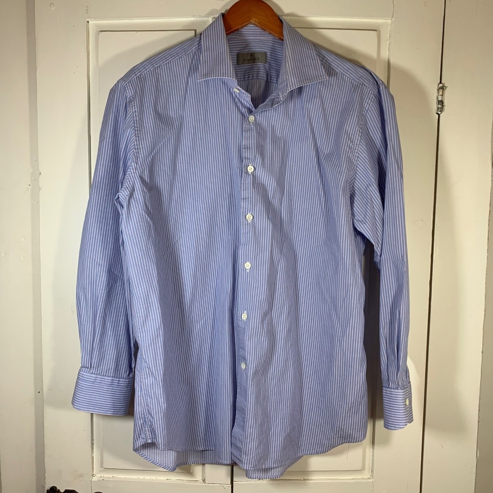 Canali 1934 Mens Blue Striped Dress Shirt Spread Collar Made Italy Sz 17.5 READ